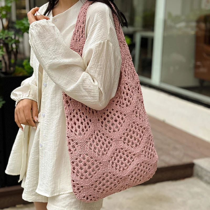 Hollow Woven Knitted Shoulder Bags Retro Travel Shopping Tote Messenger Bag Large Capacity Women Crochet Girls 250514