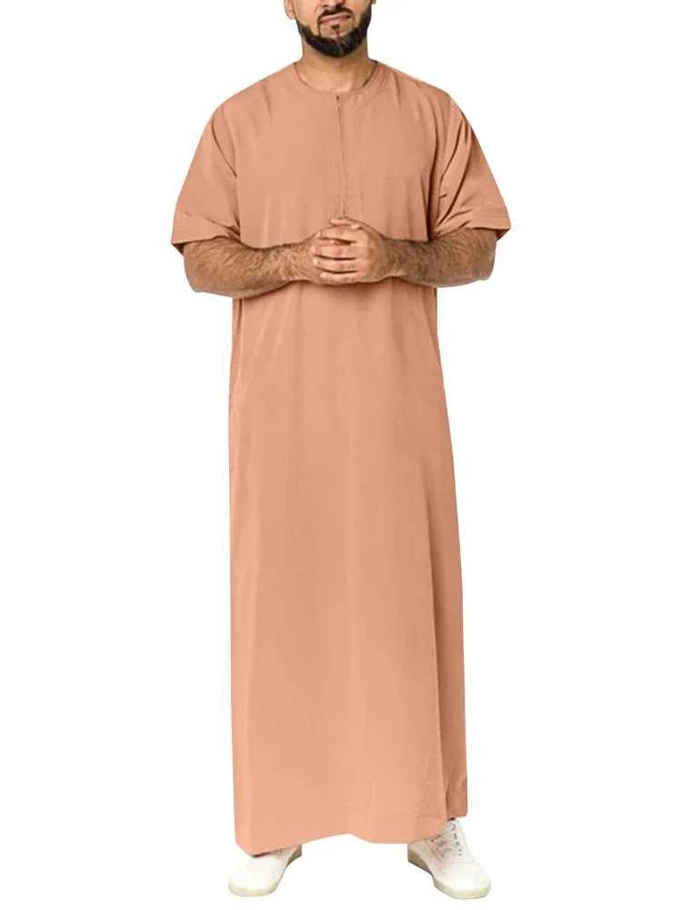 Mens Solid Color Robes Saudi Zipper Man Vintage Short Sleeve O Neck Eid Muslim Arabic Islamic Clothing Jalabiya Caftan Kaftan X250514