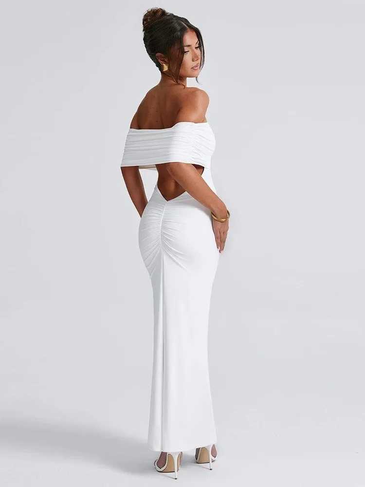 Temperament Slim Strapless Long Dress Women Solid Color Sexy Off-shoulder Backless Package Hip Sleeveless Club Party DressesXJ250514