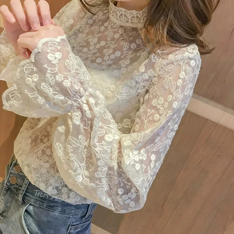 Long Sleeve See Through Stand Collar Hollow Out Lace Women Blouse Fashion Summer Elegant Shirt Spring Flare Tops 250514