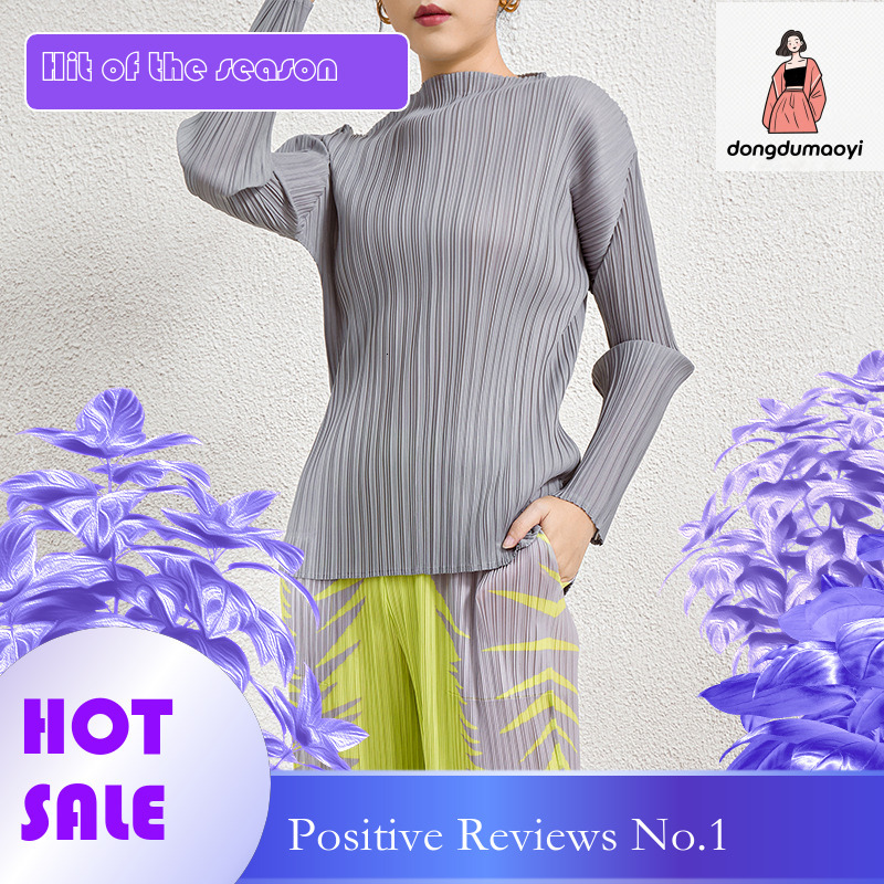 dongdumaoyi Miyake basic pleated top 2025 Spring and Autumn new Korean version slim fit half high neck striped long sleeved T-shirt