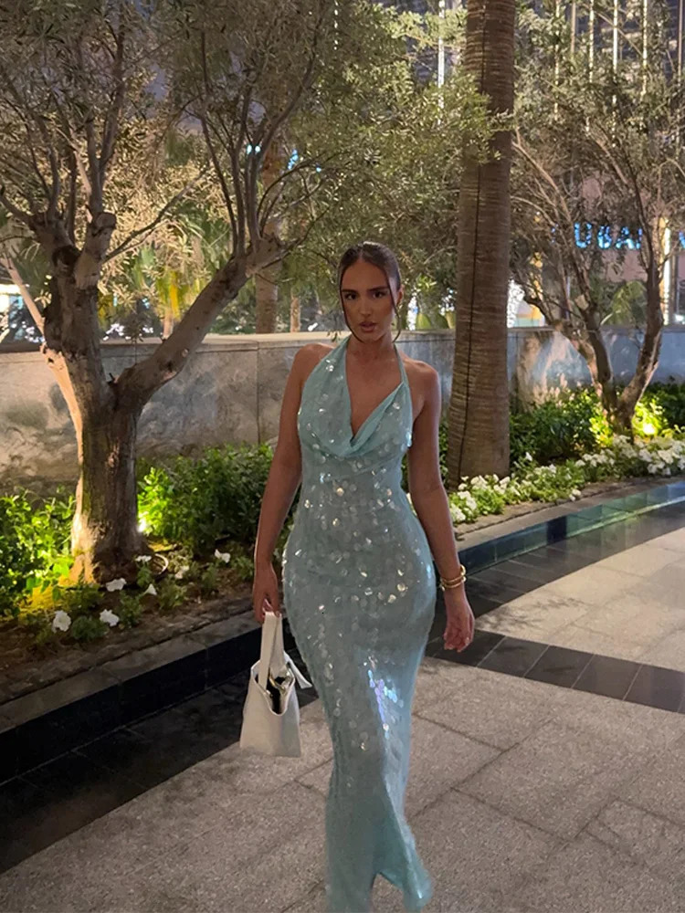 Elegant Sequin Halter Long Dress Women Sexy Bule Backless Sleeveless Slim Asymmetrical Beach Dresses Lady Chic Party Holiday 250514