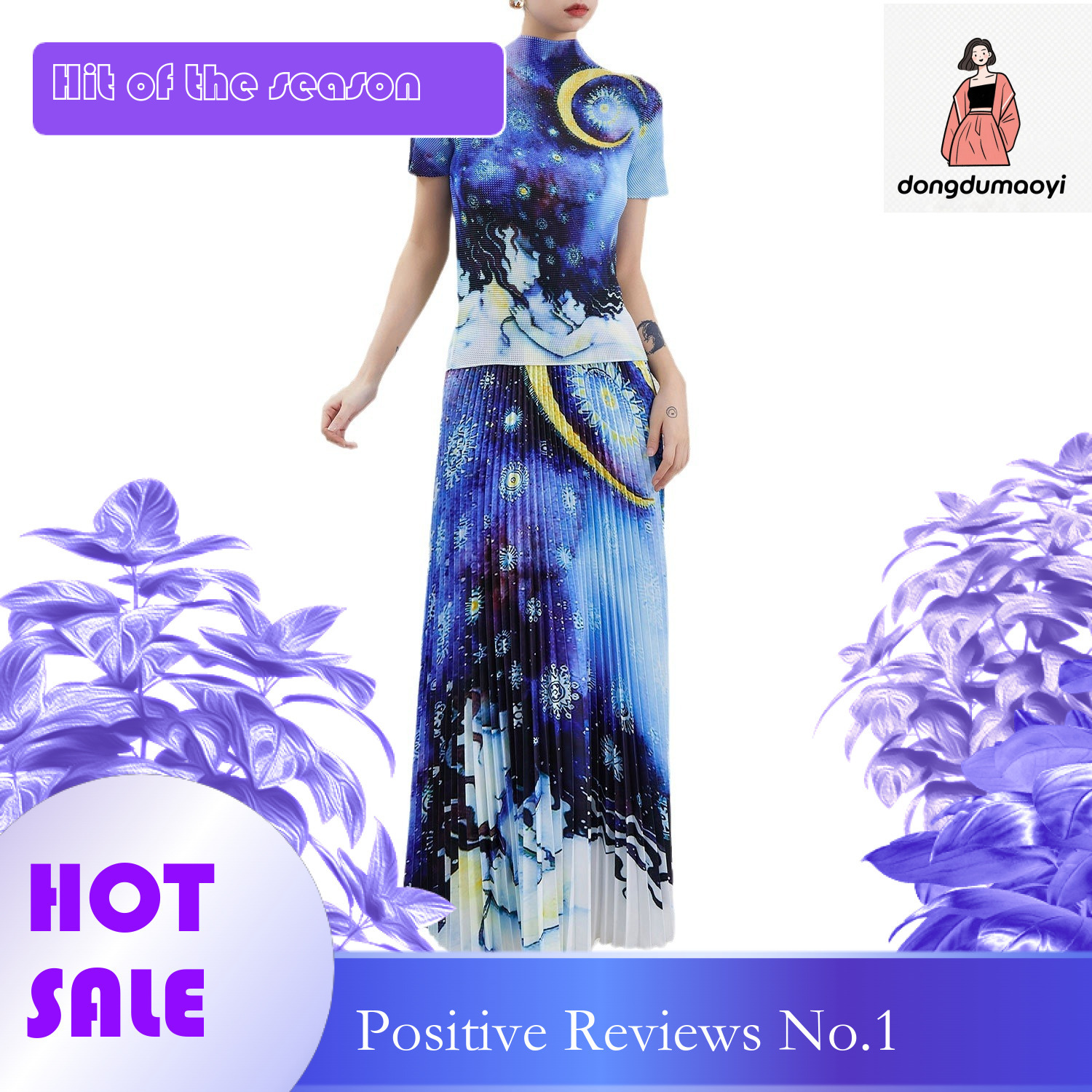 dongdumaoyi Fashion suit women's summer new style Miyake printed short sleeved T-shirt slimming pleated skirt two-piece set
