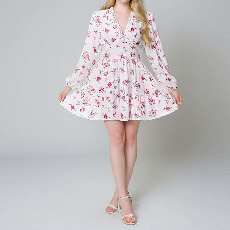 Dress Dresses for Woman Elegant Summer Dresses 2025 Womens New Elegant and Sweet Printed V-neck Pleated Short Long Sleeved Spring Dress for Women