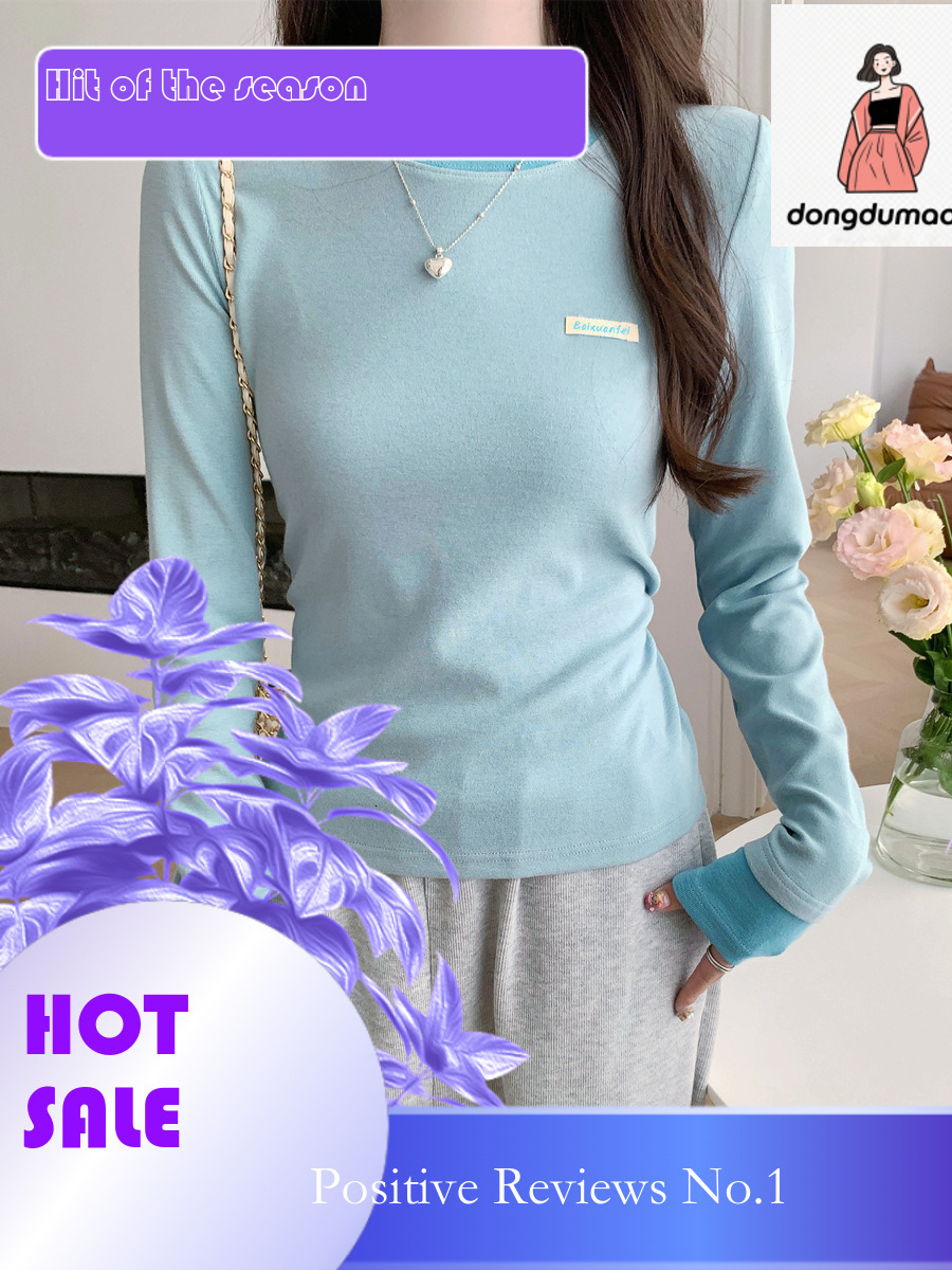 dongdumaoyi 2024 early autumn round neck contrasting long sleeved T-shirt for women, new fake two-piece slim fit, slimming effect, inner bottom layer,