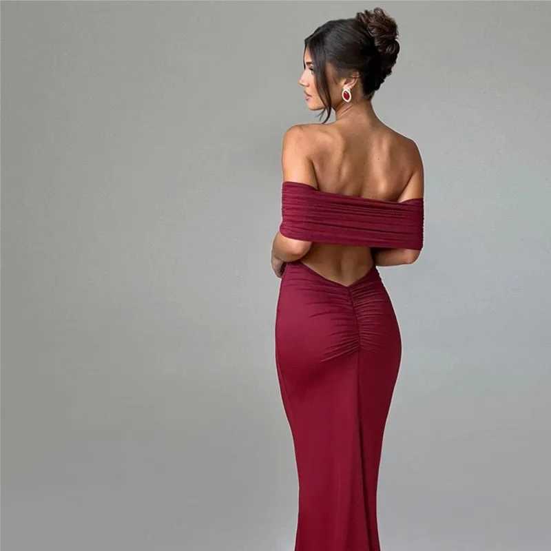Womens Slim Sexy Strapless Long Dress Temperament Solid Color Hip Sleeveless Off-shoulder Backless Package Club Party DressesXJ250514