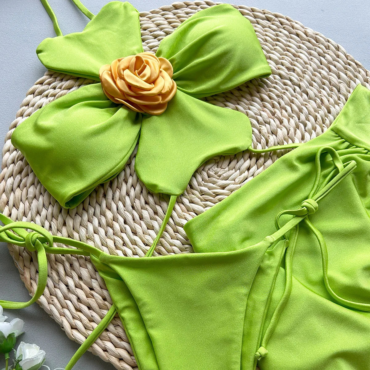 Summer Beach 3 Pieces Skirt Suit Women 3D Flower Halter Crop Top Mini Set Vacation Sleeveless Chic Slit Outfits 250514