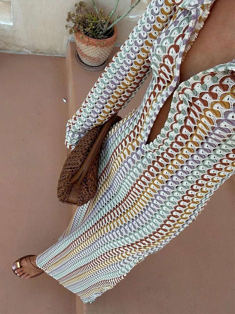2025 Women's Elegant Crochet Sexy See Through Bodycon Maxi Dress Long Sleeve Cover-Ups Knitted Beach Swimsuit Cover Up A2819