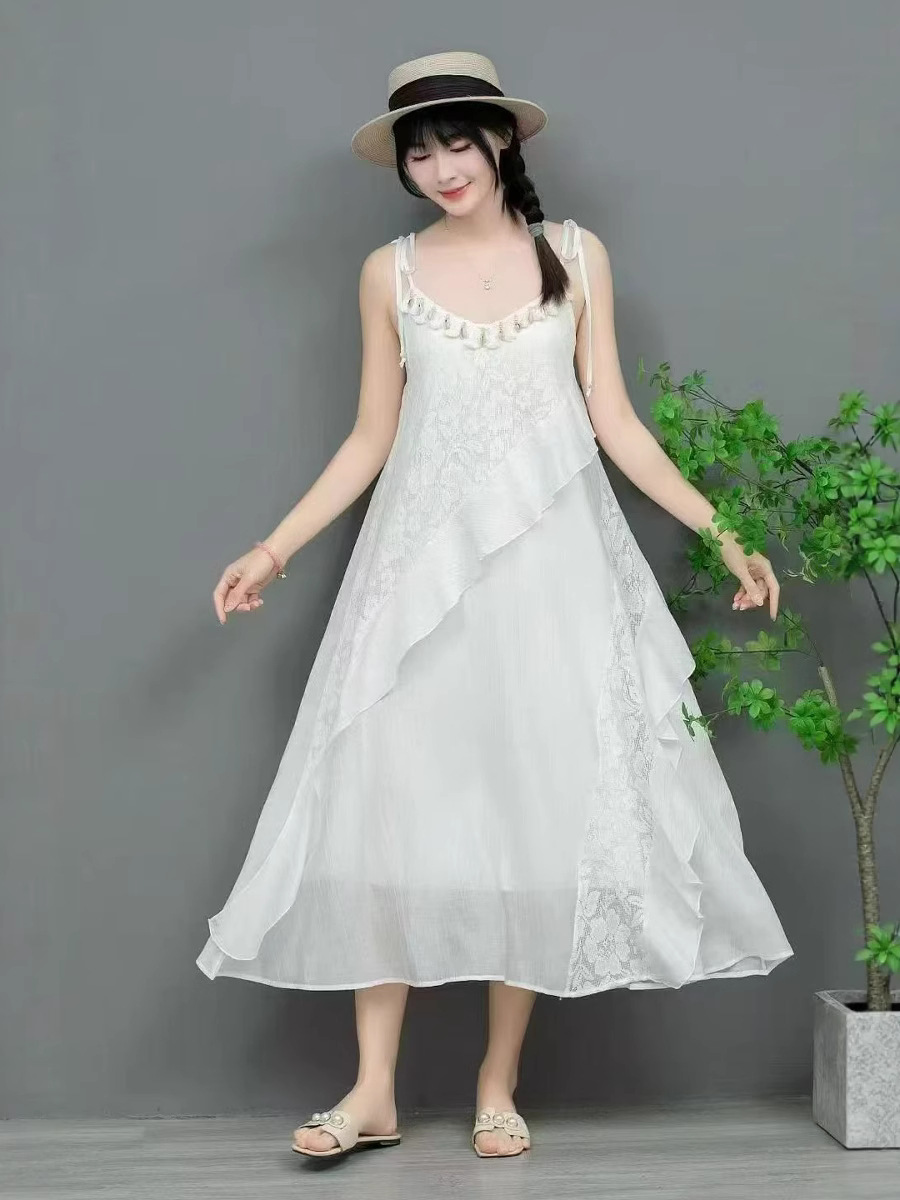 DA240 New Large Size White Skirt Women's Summer Loose Design Round Neck Dress Long Skirt