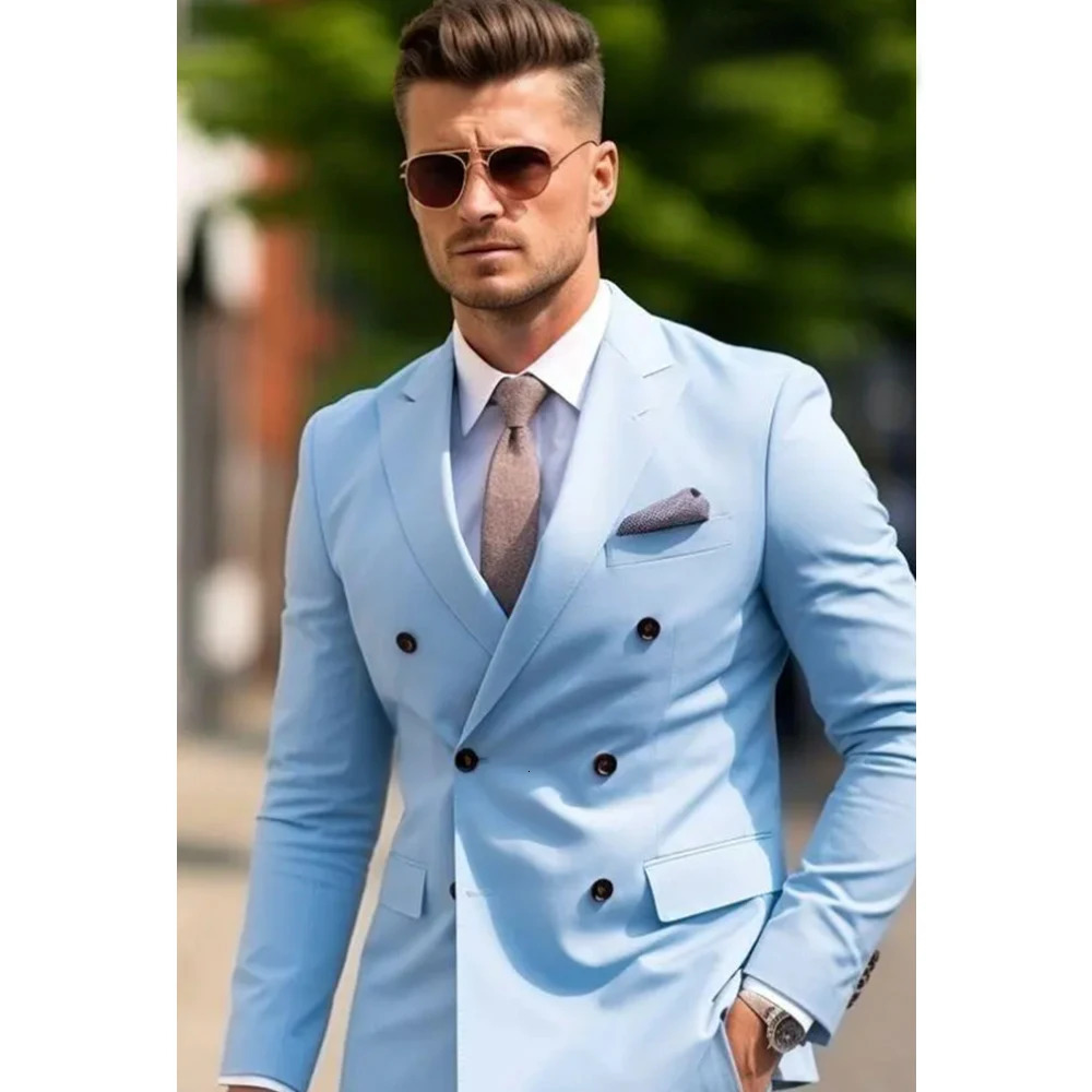 Blue mens suit double chest notch lapel 2piece jacket pants clothing formal wedding slim fit set 250506