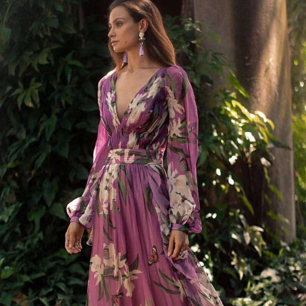 2025 Summer New Printed Women's V-neck Sleeve Wind Fairy Big Swing Long Dress