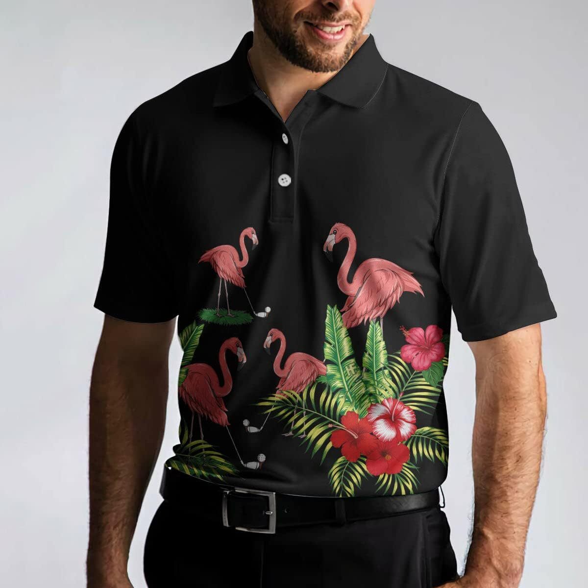 Mens Polo shirt Flamingo Playing Golf And Tropical Pattern Pink Flamingo Short Sleeve Polo Shirt For Golfers, Mens Polo Shirts for Gifts, Short Sleeve