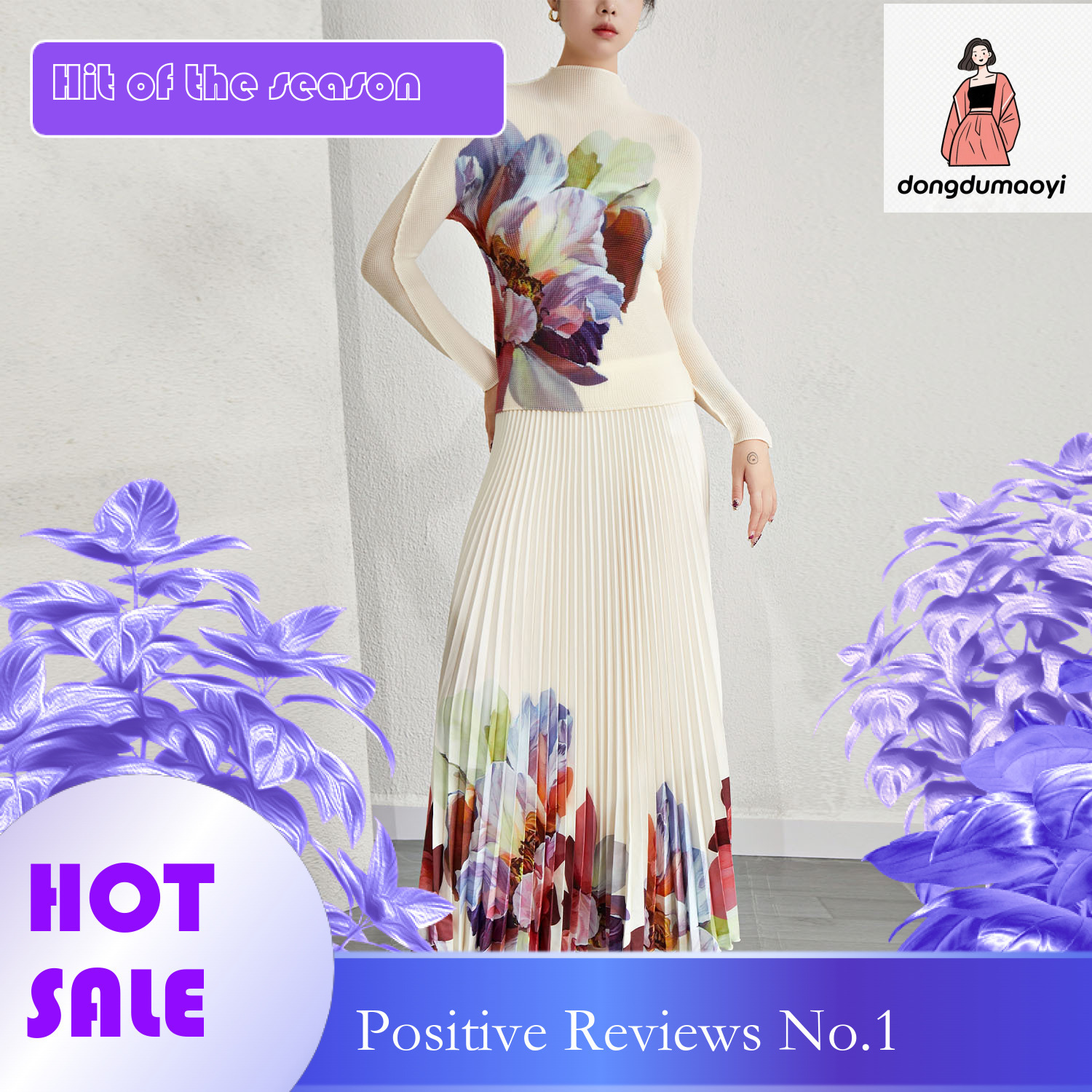 dongdumaoyi Women's clothing niche design pleated print stand up collar pullover flower long sleeved T-shirt half skirt two-piece set