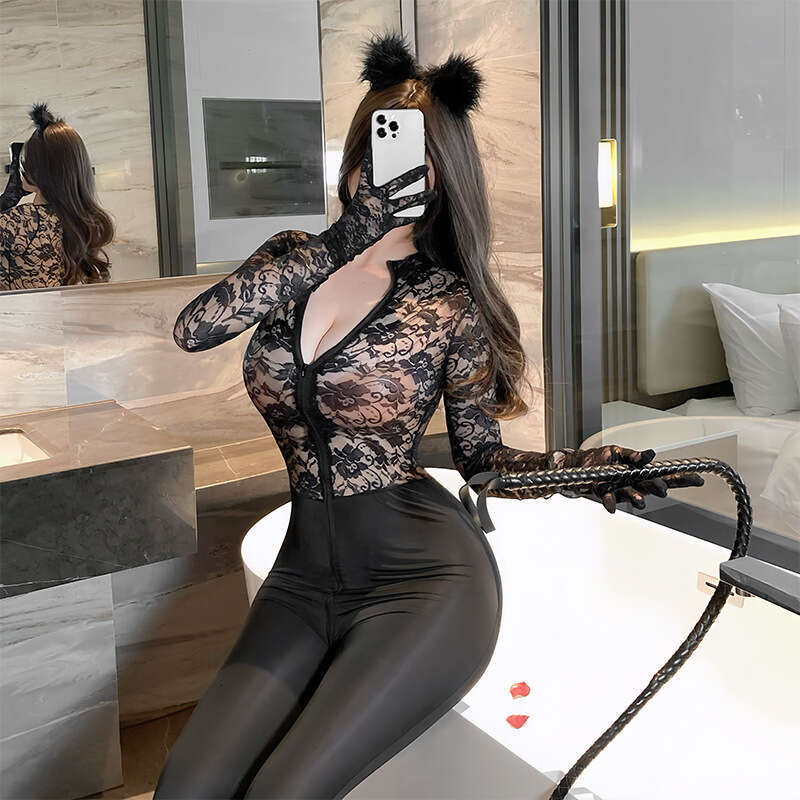 Sexy Lace Lingerie Fan Lei S Lingerie Women S Sexy Lace See Through Double Zipper Crotch Tight Fitting One Piece Pajamas KQ