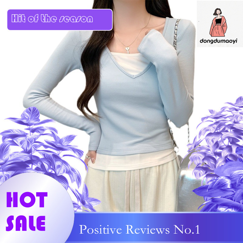 dongdumaoyi V-neck exposed collarbone short top, layered, sweet and spicy girl fake, two contrasting color, slim fit bottom shirt, T-shirt, women'