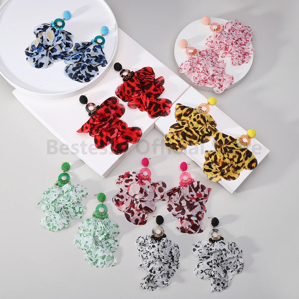 Boho Printed Fabric Flower Petal Decor Dangle Earrings For Women Elegant Handmade Bead Tassel Exaggerated Pendant Jewelry 250514