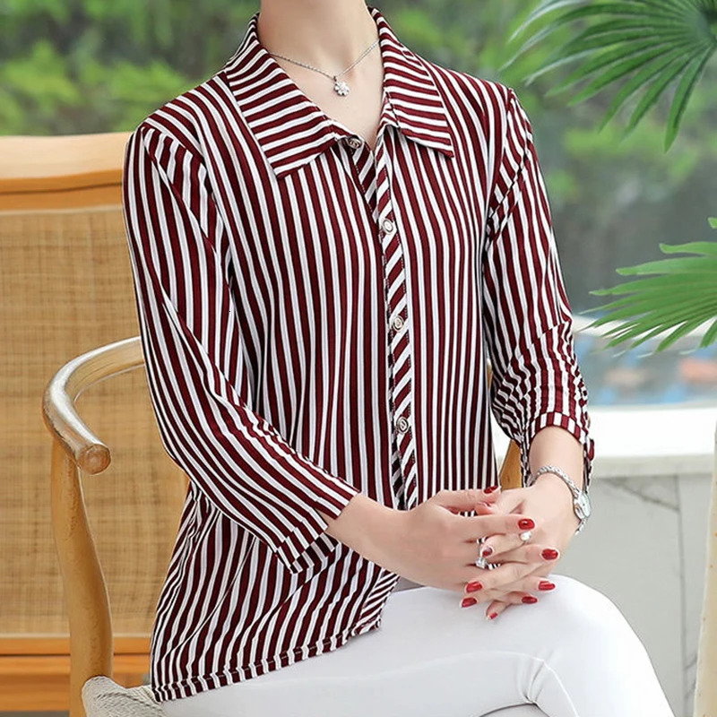 Plus Size Seethrough Striped Single Breasted Top Shirt And Blouse Women Clothes Three Quarter Sleeved Fashion Thin Casual Trend 250514