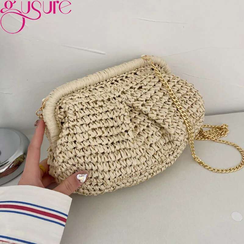 Gusure Summer Designer Shoulder Straw Weaving Clutch Purse Women Dumpling Crossbody Beach Bag Fashon Cloud Pouch
