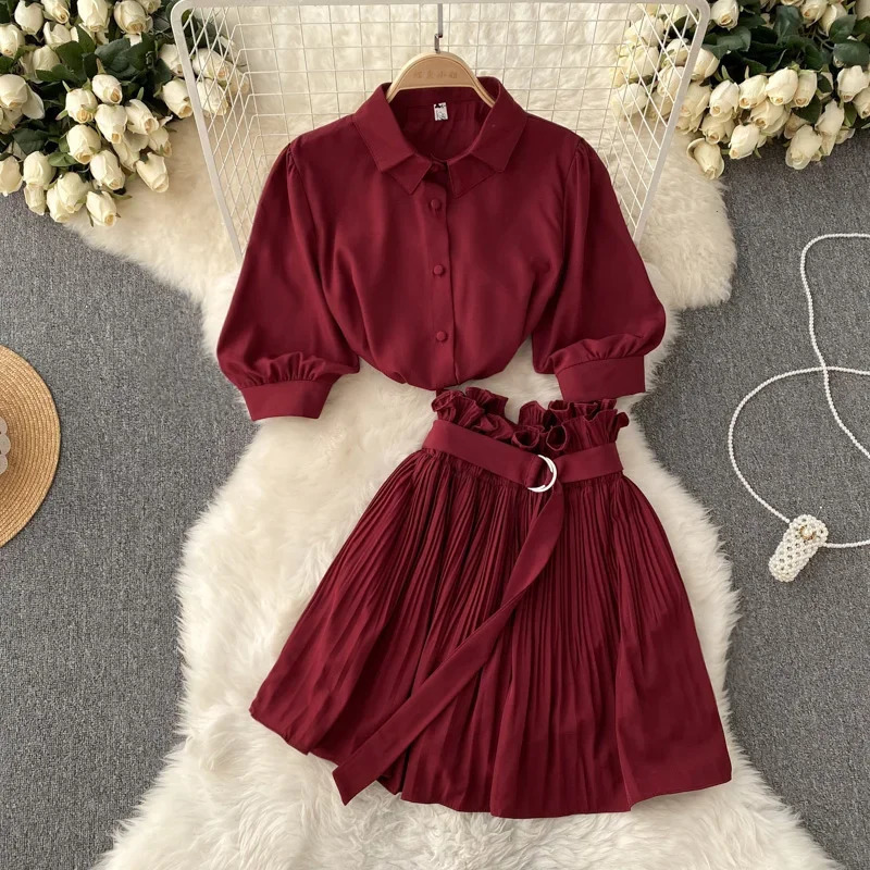 Two Peice Set For Women Summer Turn Down Collar Crop Top Shirt Pleated Mini Skirt Tracksuit Lounge Club Outfits Streetwear 250514