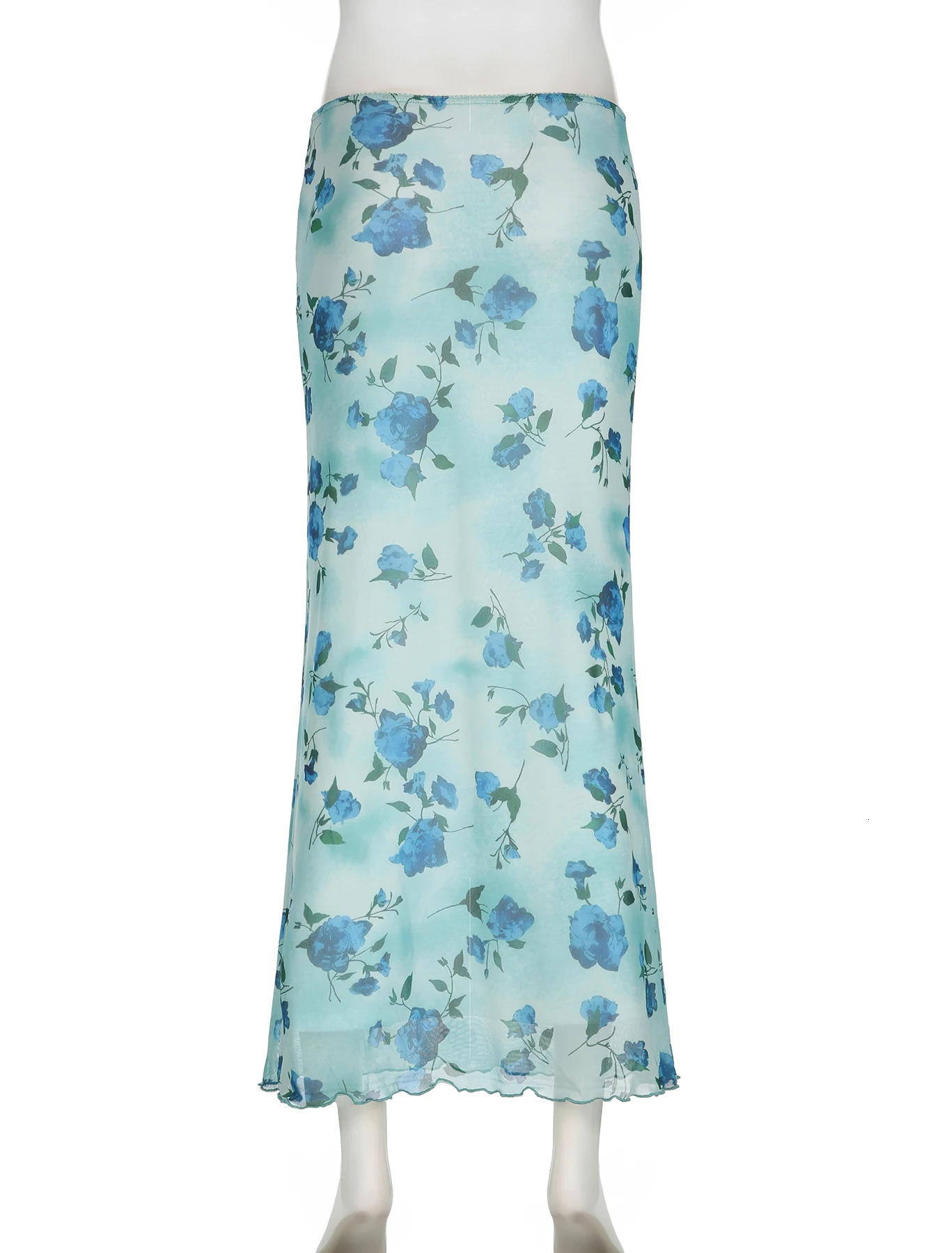 Rockmore Floral Print Bow Front Lettuce Trim Long Mermaid Skirt for Party Holiday Wedding Guest Elegant High Waist Bodycon 250514