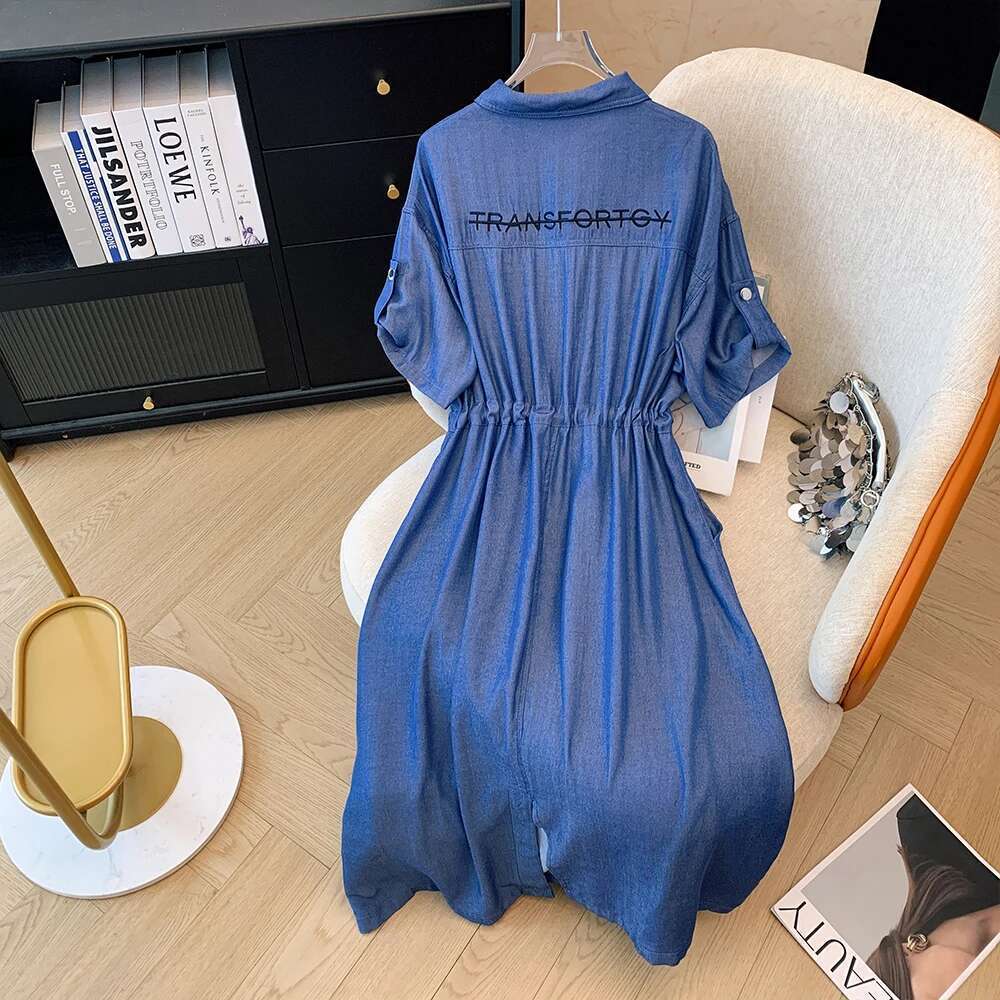 Plus size women's summer casual thin denim dress Drawstring waist lapel commuter MIDI embroidered print loose comfortable skirt