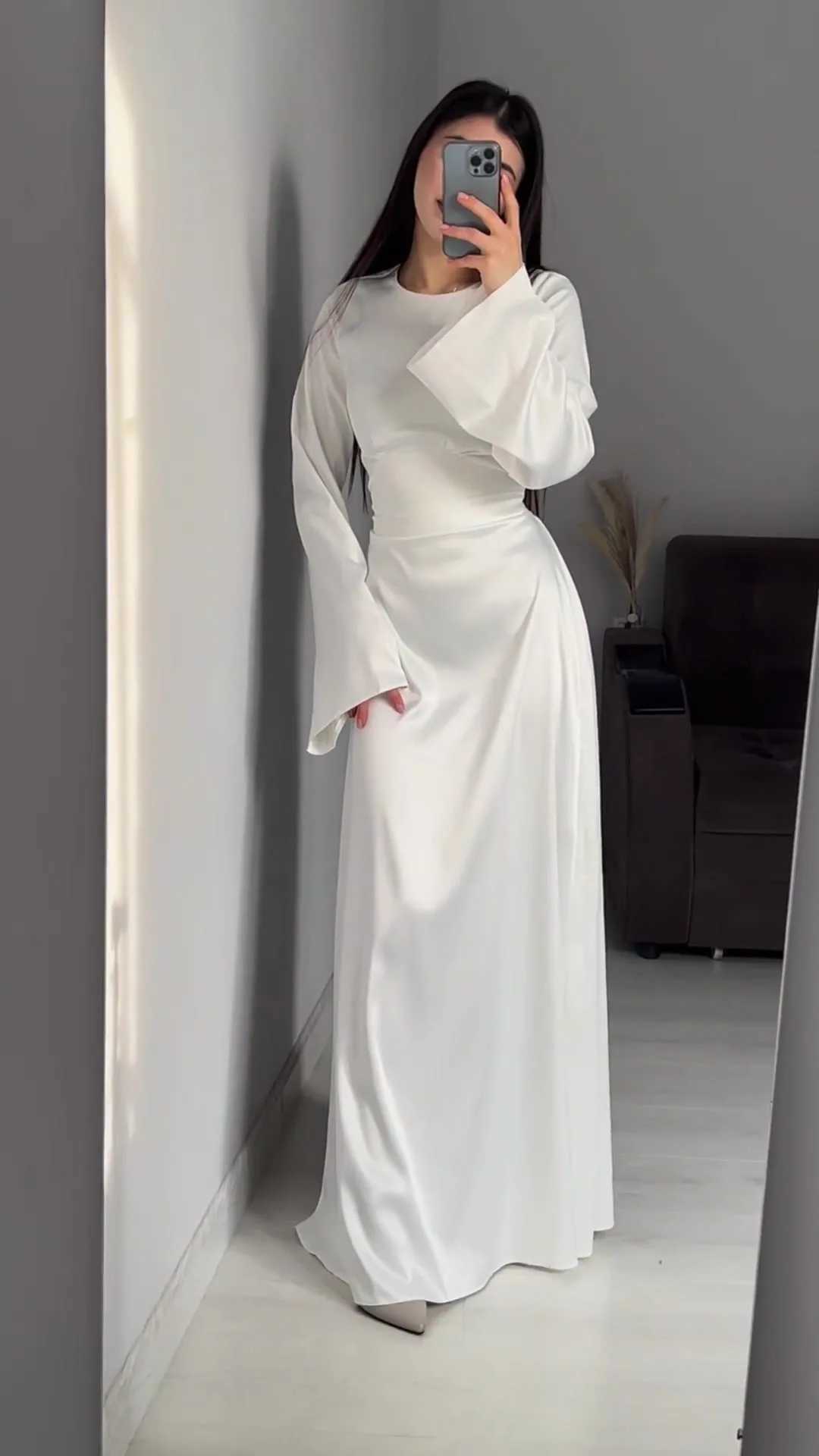 2025 Spring Satin Women Long Dress White Long Sleeve Lace Up Solid Bodycon Dress Female Summer New Fashion Elegant Lady ClothesXJ250514