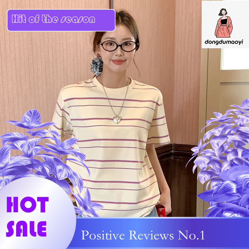 dongdumaoyi Summer fashion brand American striped short for women, round neck loose half sleeved top, thin sea soul shirt T-shirt