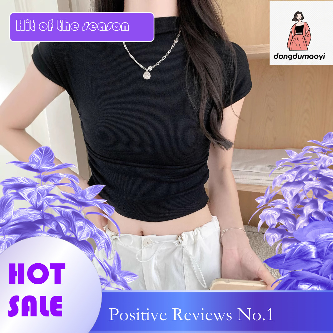 dongdumaoyi 2025 spring/summer new slim fit semi high neck with pleated short sleeves on both sides, sexy spicy girl top, Japanese and Korean solid co
