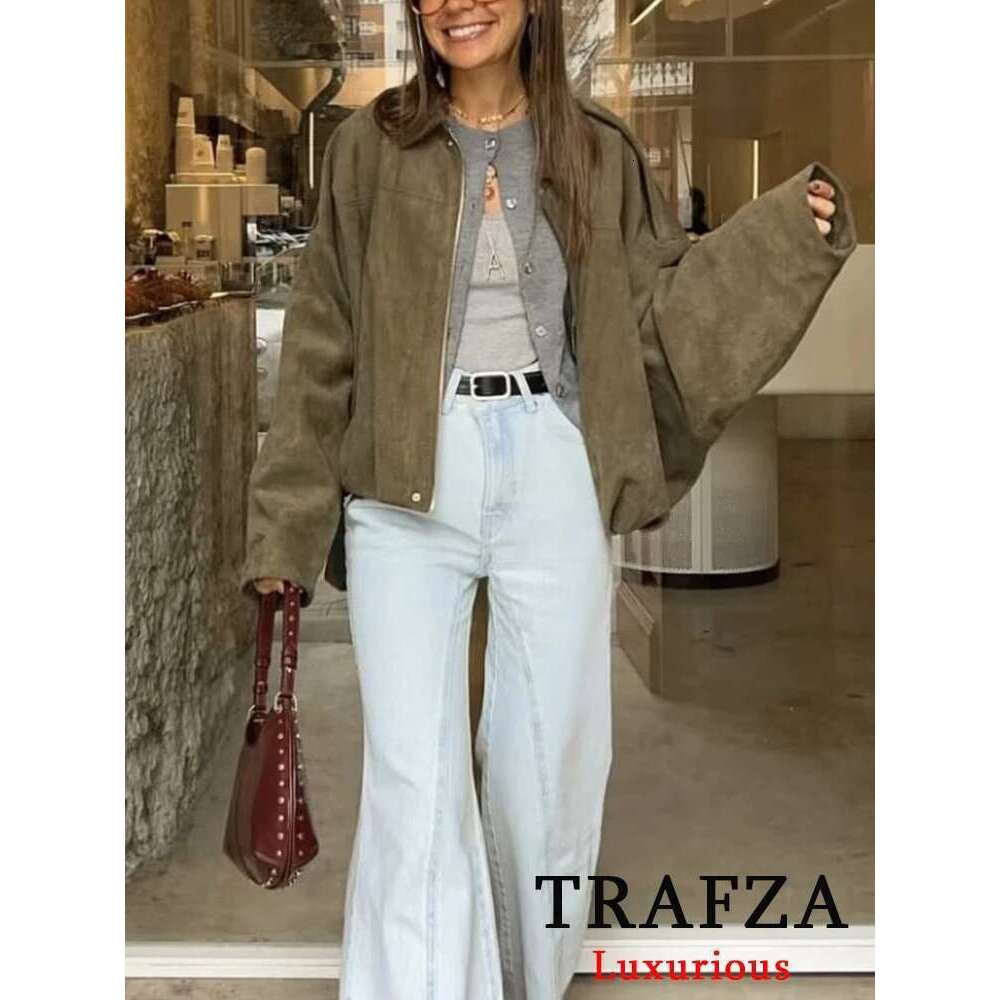 TRAFZA Casual Soft Bomber Jackets Women Long Lantern Sleeve Oversized Spring Summer Coats Fashion 2025 Streetwear Zipper Outwear Designer Designer