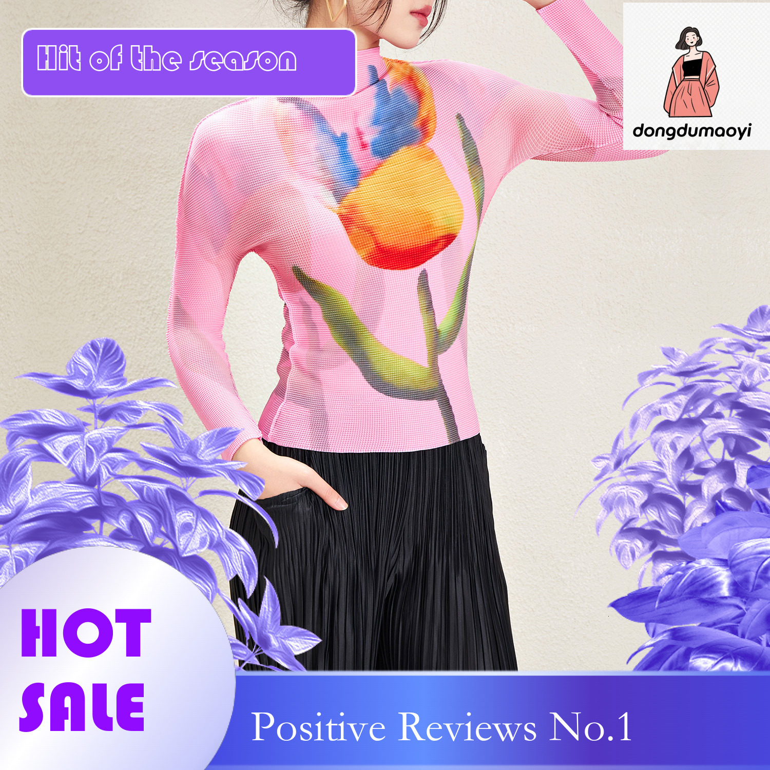dongdumaoyi Miyake printed long sleeved T-shirt with 2024 spring new style slim fit and slimming design, pleated base shirt top