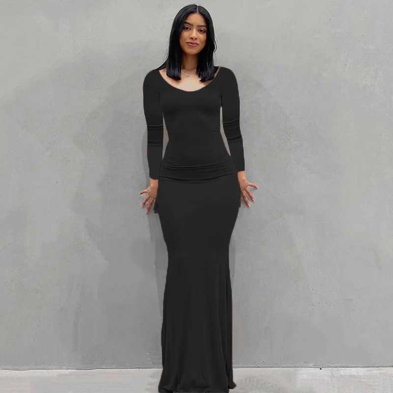 Sexy Bodycon Party Solid Color Long Dress For Women Long Sleeve Bandage Slim Dresses 2023 Autumn New Fashion Dresses Black RobeXJ250514