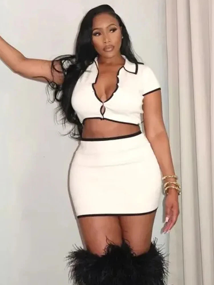 nibber Ribbed Women 2 Piece Set Elegant Polo Neck Button Shorts Crop TopsMini Skirts Matching Stretch Streetwear Outfits 250514