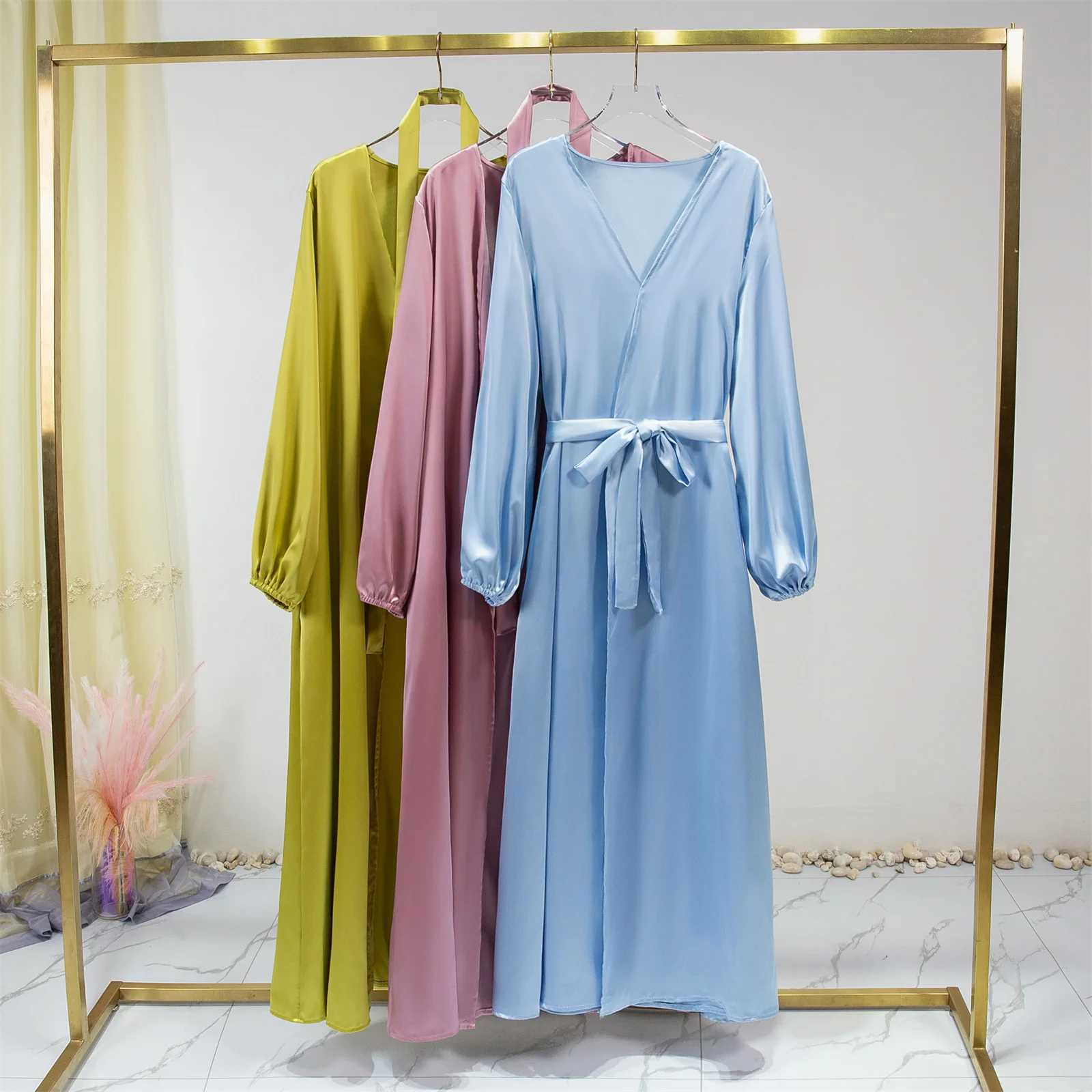 Women Abayas Muslim Kaftan Puff Slves Lace-up Maxi Length Ramadan Dresses Jilbabs Open Front Abayas Outwear Cardigan Coats X2505141