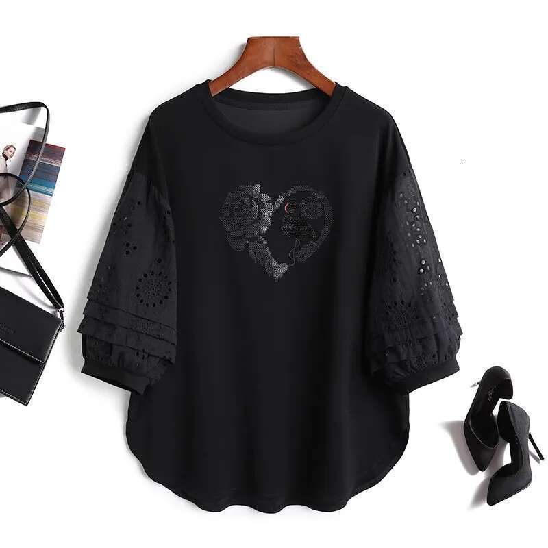 Plus Size Swan's Picture Embroidery Sequins Women T-shirt Flower Side Lantern Seven-quarter Sleeves Tees New Summer Top Y2k