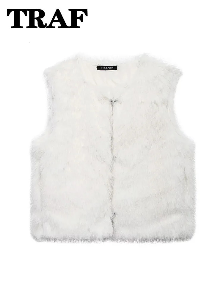 TRAF faux fur cut womens vest loose and comfortable sleeveless jacket soft textured top of the line streetwear for women 250506