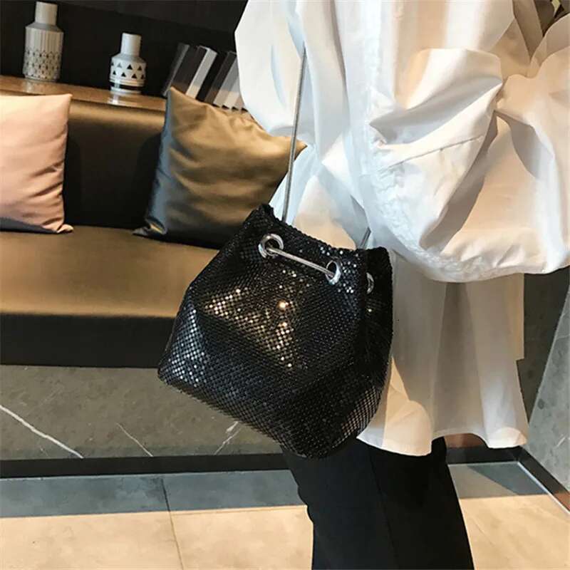 Sequin Women Drawstring Evening Bags Large Capacity Female Bucket Backpack Party Purse Chain Shoulder Crossbody Bag Pouch
