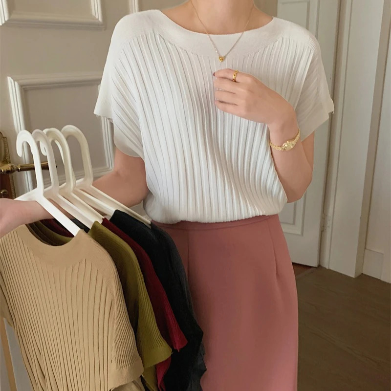 Spring Summer Knitted Batwing Sleeve Womens Tshirts Solid Casual Loose Oneck Bottom Shirts Knitwear Tops Female 250514