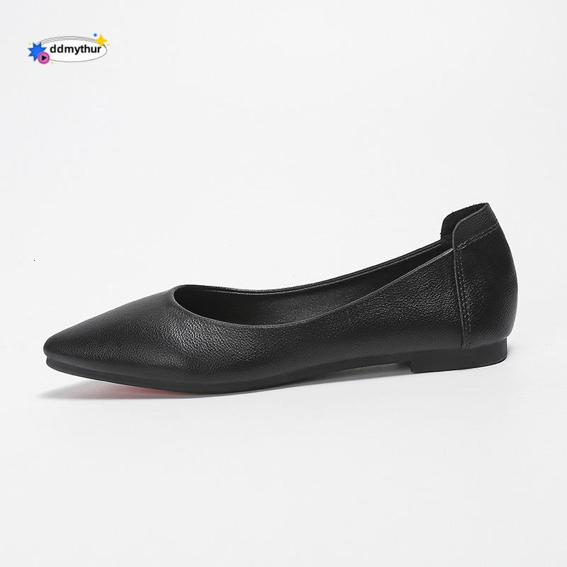 Soft black work, standing a long time without getting tired, work clothes, pointed single for women, flat bottomed versatile soft soled leather shoes 