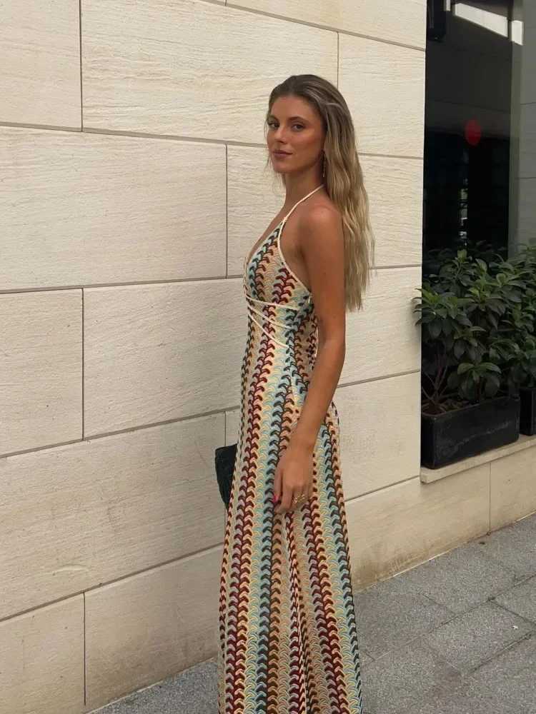 Sexy Printed Colorful Deep V-neck Crochet Maxi Dress Women Chic Sleeveless Backless Sling Slim Dress 2025 Lady Vacation RobesXJ250514
