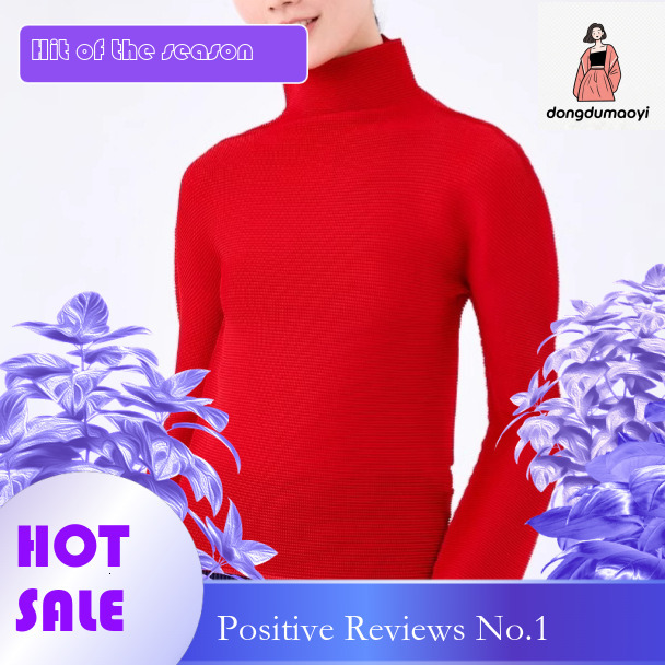 dongdumaoyi Ankela Red Miyake Long Sleeve Base T-shirt for Women's Interior, High Neck, Solid Color, Simple and Versatile Pullover