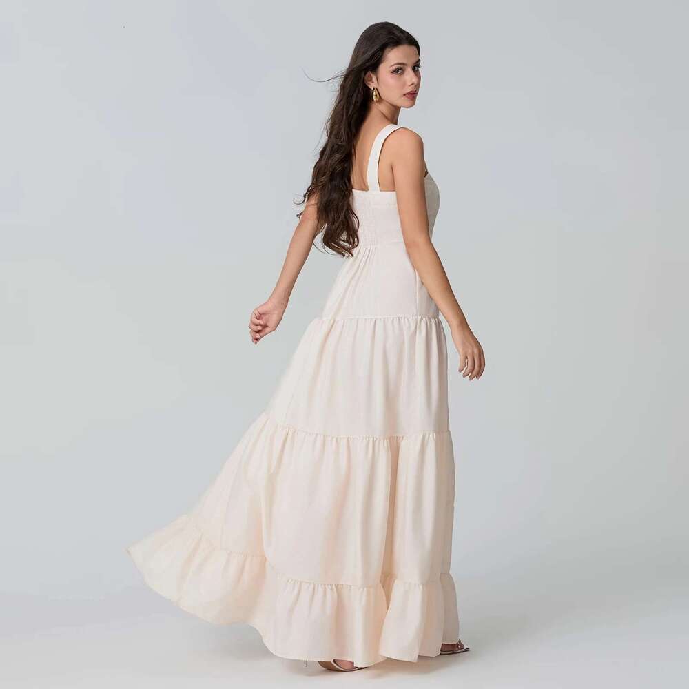 Women's Boho Tank Sleeveless Square Neck Embroidery Tiered Long Beach Dress for Vacation Elegant Party Vestidos