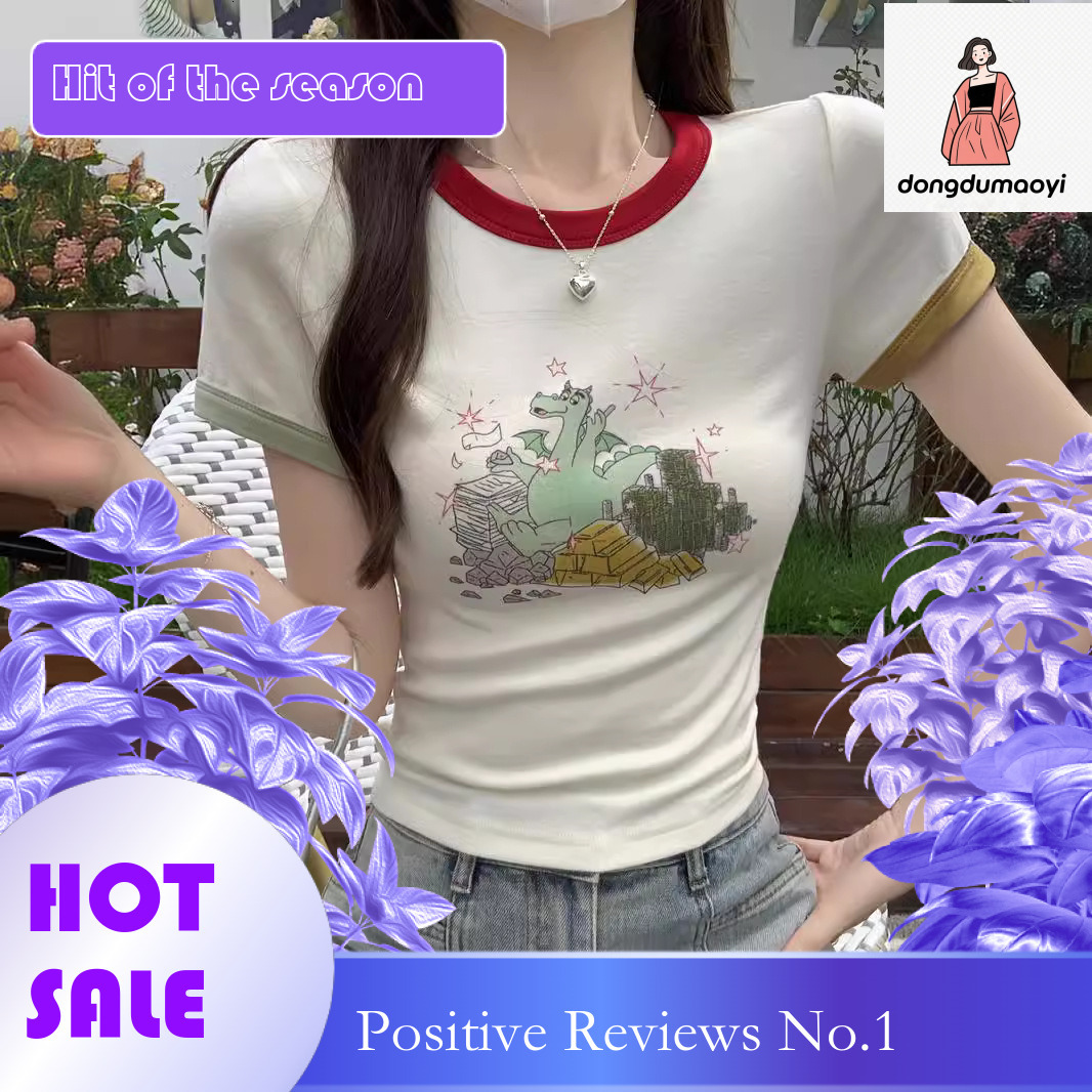 dongdumaoyi American printed shoulder sleeved T-shirt for women in summer, contrasting color round neck sweet spicy girl slim fit and slimming short t
