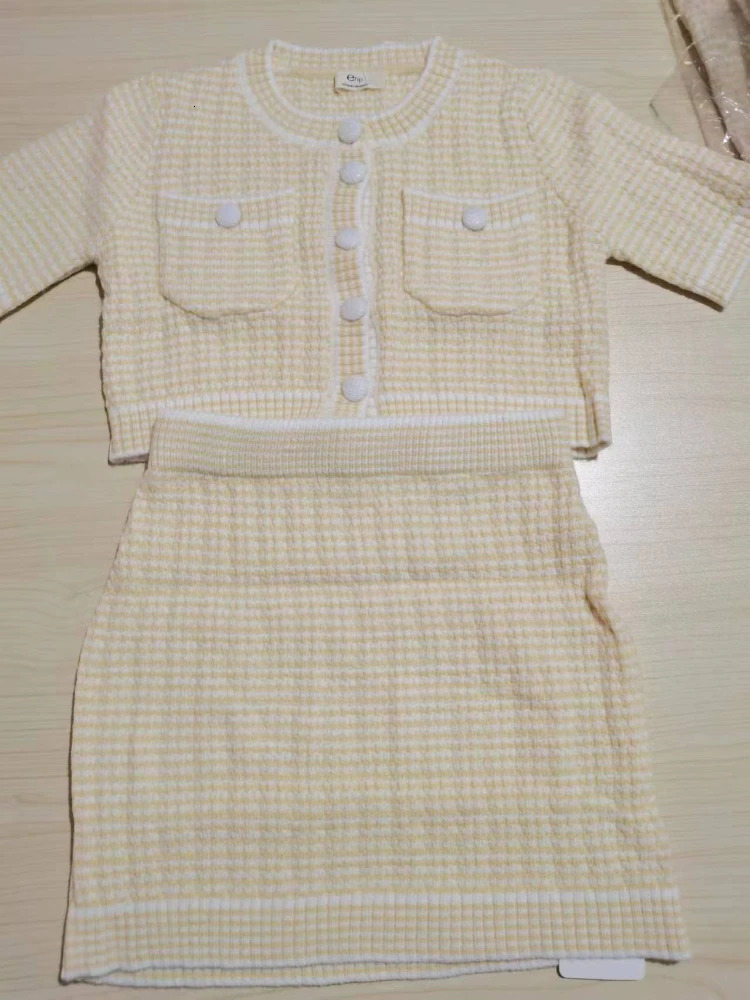 Summer Korean Chic Womens Suit with Skirt Fashion ONeck Knitted Short Sleeve Top Jacket High Waist Hip 2piece Set 250514