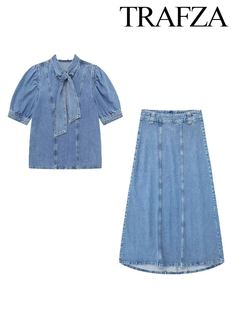 TRAF Womens Summer Street Vintage Denim Suit Bow Tie Half Sleeve Shirt Two Piece High Waisted Halter Skirt 250514
