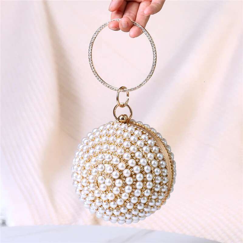 Pearl Round Evening Bag With Chain Women Girls Glitter Rhinestones Party Wedding Handbag Ladies Small Crossbody Purses