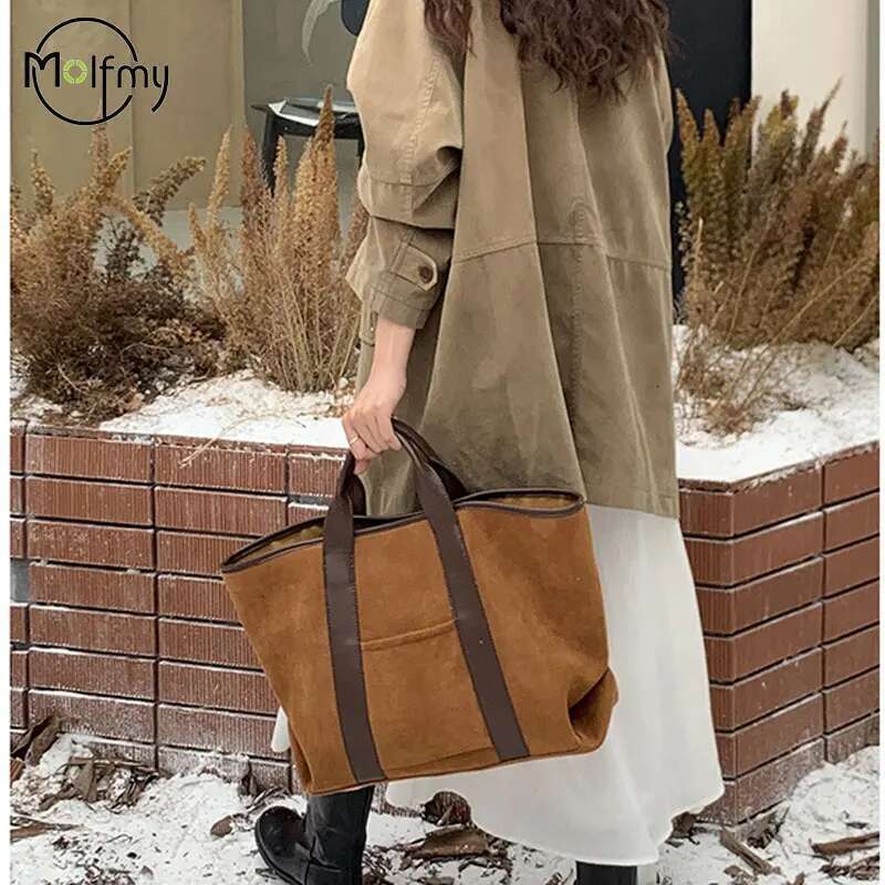 Suede Tote Bag For Women Vintage Designer Shoulder Bags Large Capacity Winter Handbag Commute Shopping Bolsos De Mujer