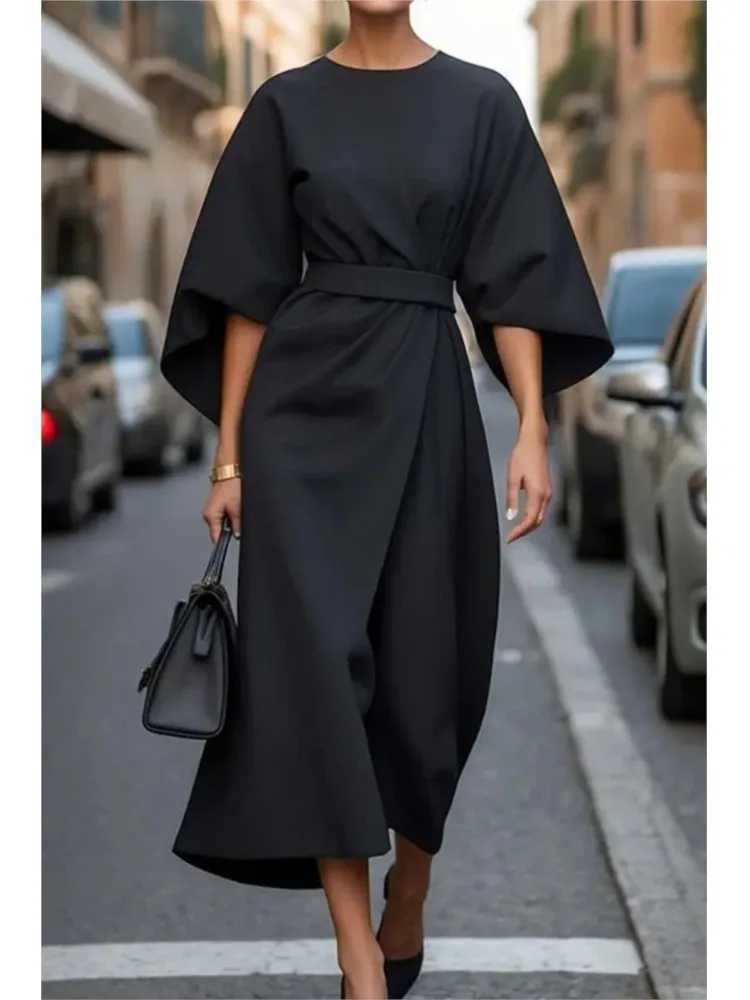 Spring Fashion Solid Color Long Dresses 2025 Womens Sexy Round Neck Bat Sleeve High Waist Dress Elegant Commuting Lady DressXJ250514