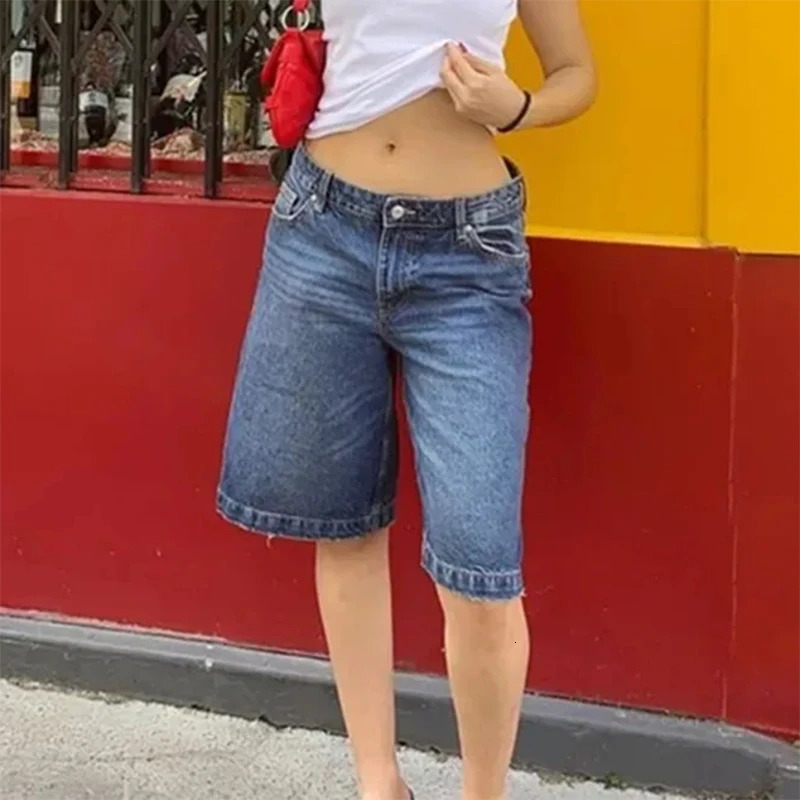 Y2k Aesthetic Bermuda Denim Shorts 90s Vintage Low Rise Wide Leg Knee Length Carpenter Jean Shorts Women Cow Girl Baggy Jorts 250513