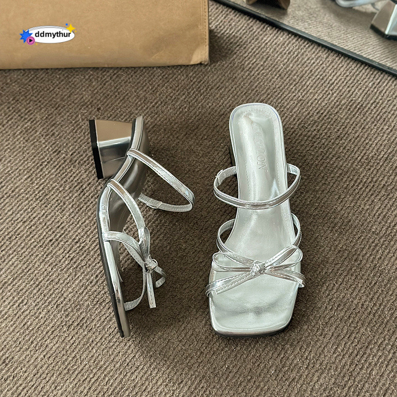 High heels, outdoor wear, 2025 summer new versatile, niche French fashion, bow tie, thick heel slippers, women's sandals ddmythur