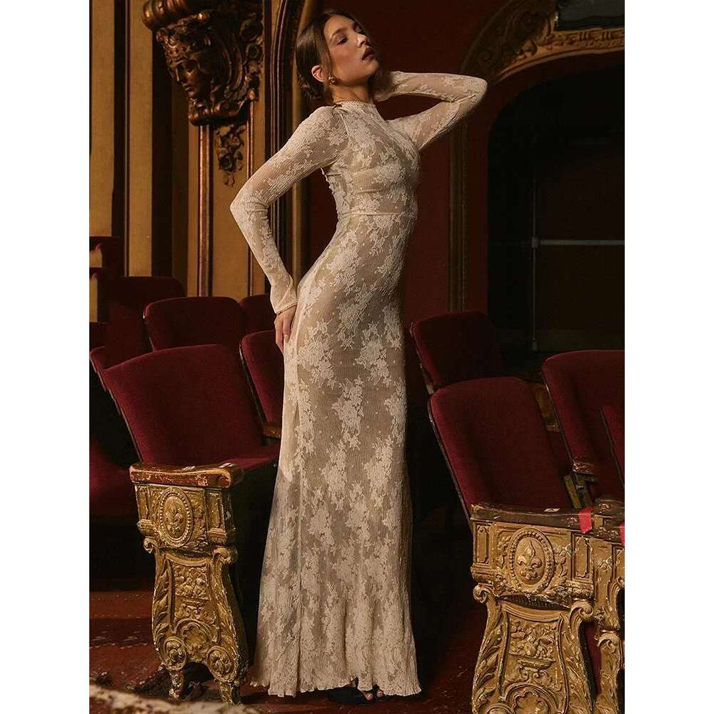 Mozision Lace Print Sleeve Sexy Maxi For Women White Zipper Half High Collar Bodycon Fashion Elegant Long Dress